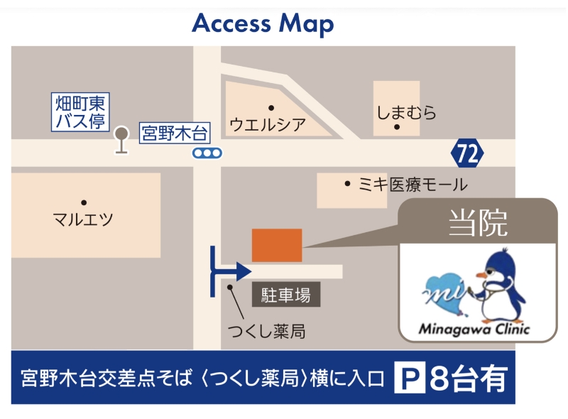 皆川クリニックへのアクセスマップ。宮野木台交差点のつくし薬局横に入口があり、駐車場8台完備。周辺にはマルエツ、ウエルシア、しまむら、ミキ医療モールなどがある。