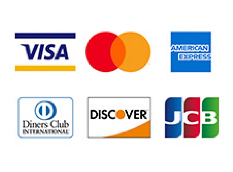 VISA、マスターカード、アメリカンエクスプレス、ダイナースクラブカード、ディスカバーカード、JCB